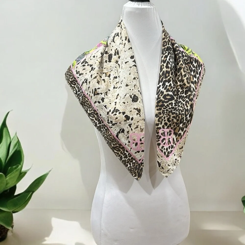 Pure Silk Scarf by Bassler leopard floral black cream pink teal 27x27